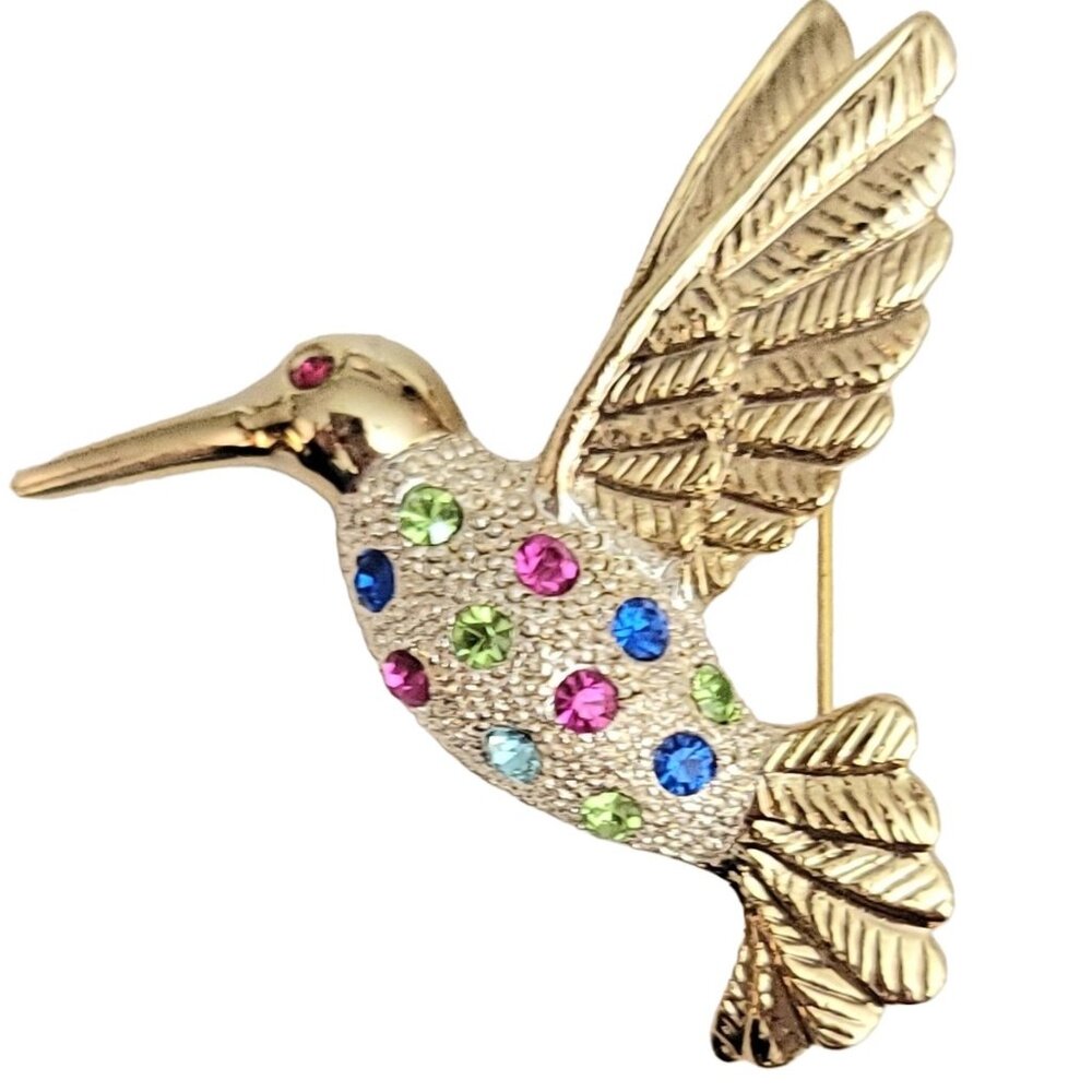 Premier Design Gold Tone Multicolor Rhinestone Bird Brooch Pin, Signed